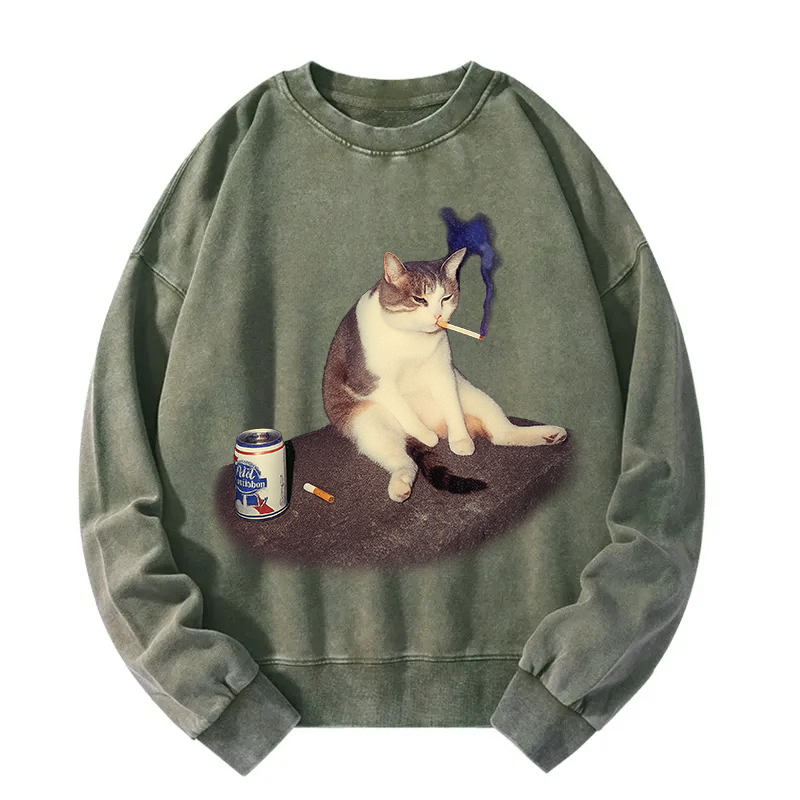 Tokyocanvas Custom Cat Smoking Meme Washed Sweatshirt