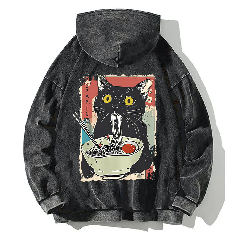 Tokyocanvas Cute Cat Eating Ramen Back Washed Hoodie
