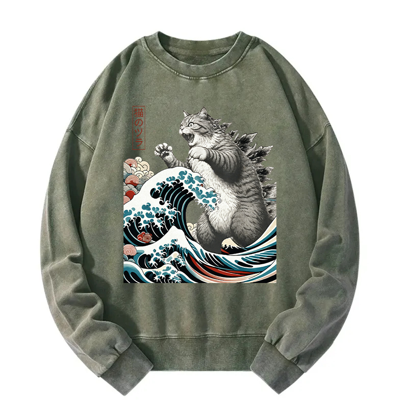 Tokyocanvas Godzilla Ukiyoe Great Wave Vintage Japanese Design Washed Sweatshirt