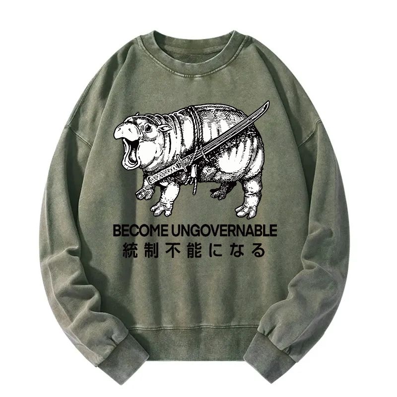Tokyocanvas Moo Deng Carrying A Samurai Sword Washed Sweatshirt