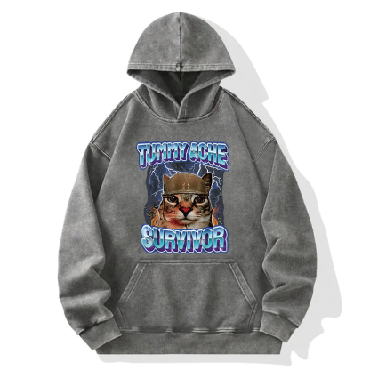 Tokyocanvas Tummy Ache Survivor Cat Meme Washed Hoodie
