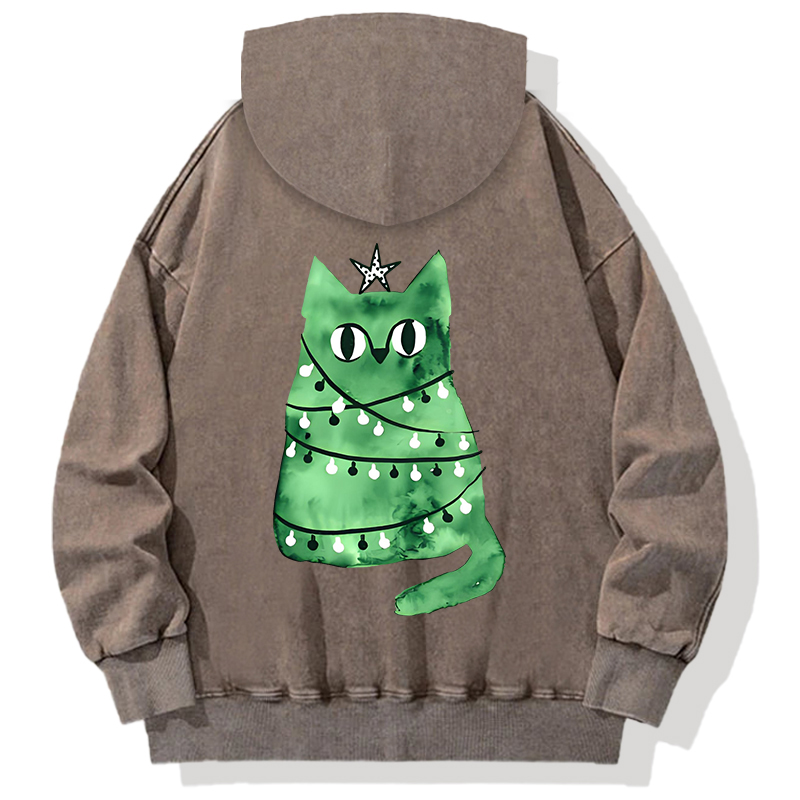 Tokyocanvas Watercolor green Christmas cat Back Washed Hoodie
