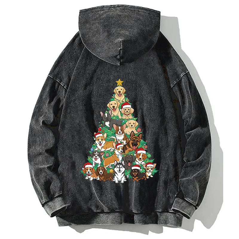 Tokyocanvas Christmas Tree Dog Funny Back Washed Hoodie