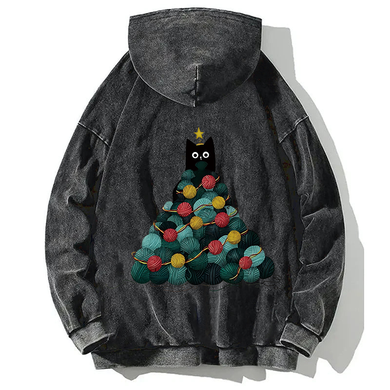 Tokyocanvas Yarn Christmas Tree Cat Back Washed Hoodie