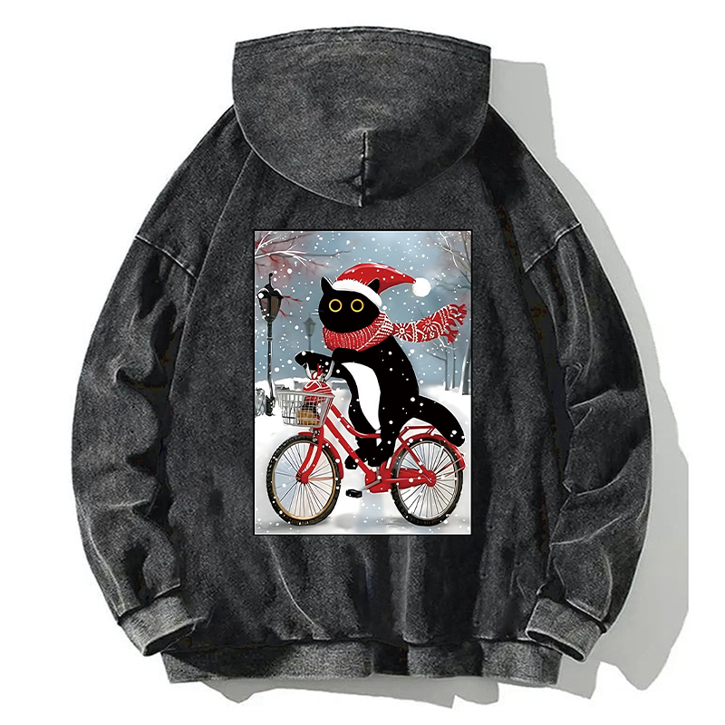 Tokyocanvas Black Cat Riding A Bicycle Back Home Back Washed Hoodie