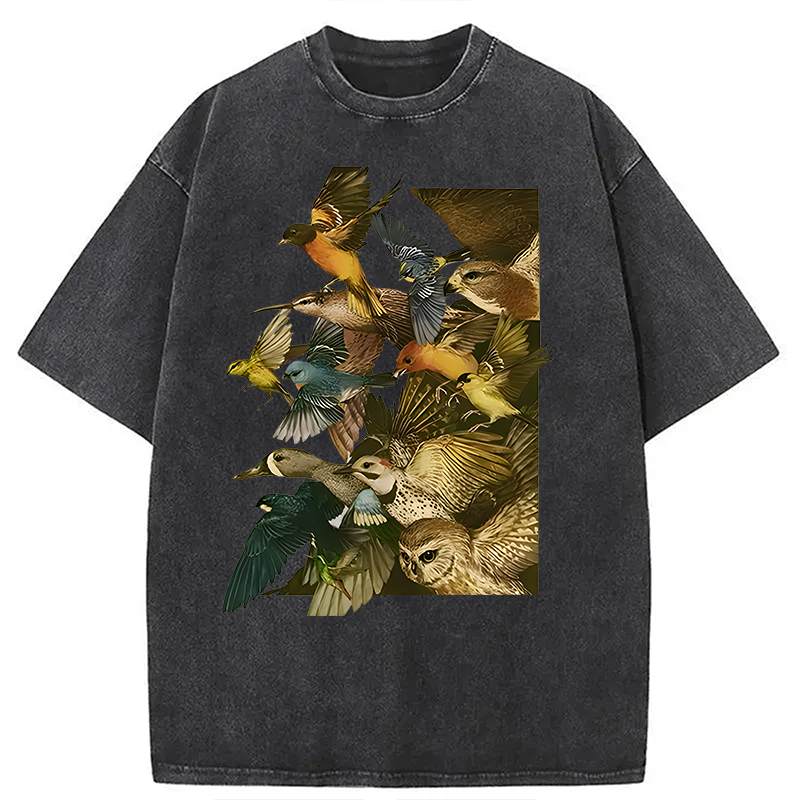 Tokyocanvas Flock Of Flying Birds Washed T-Shirt