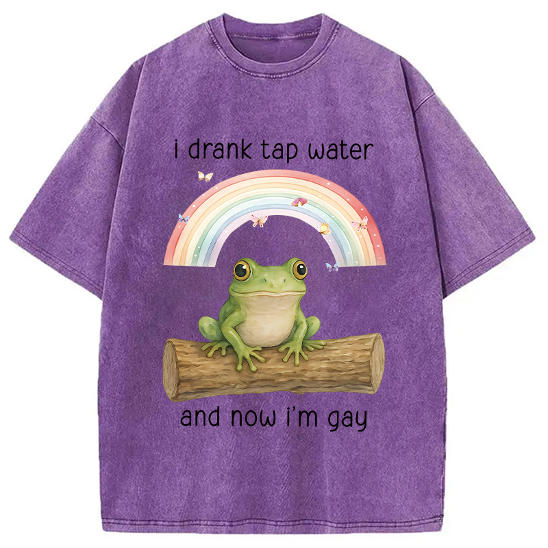 Tokyocanvas I Drank Tap Water Now I'm Gay Funny Frog Washed T-Shirt