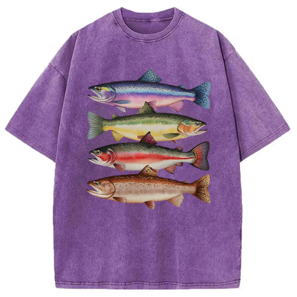Tokyocanvas Colorful Rainbow Trout Fish Washed T-Shirt