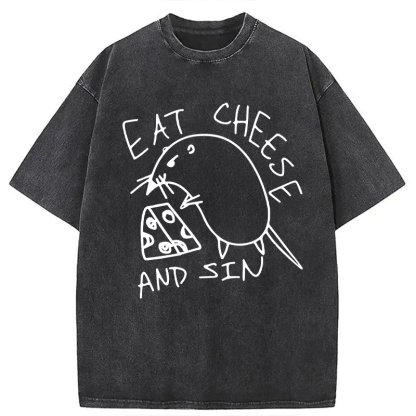 Tokyocanvas Eat Cheese And Sin Meme Washed T-Shirt