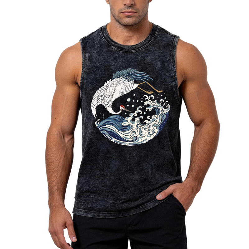 Tokyocanvas Crane Bird Wave Washed Tank