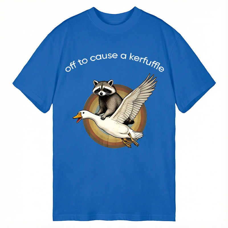 Tokyocanvas Off To Cause A Kerfuffle Funny Raccoon Riding Silly Goose Classic T-Shirt