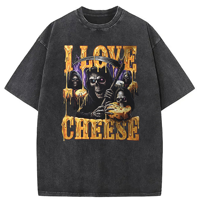 Tokyocanvas Skeleton Cheese Funny Gothic Meme Washed T-Shirt