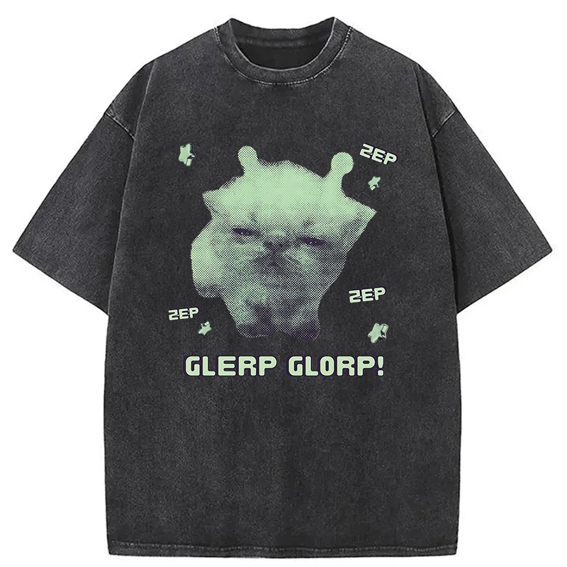 Tokyocanvas Sleepy Glerp Glorp Funny Cat Meme Washed T-Shirt