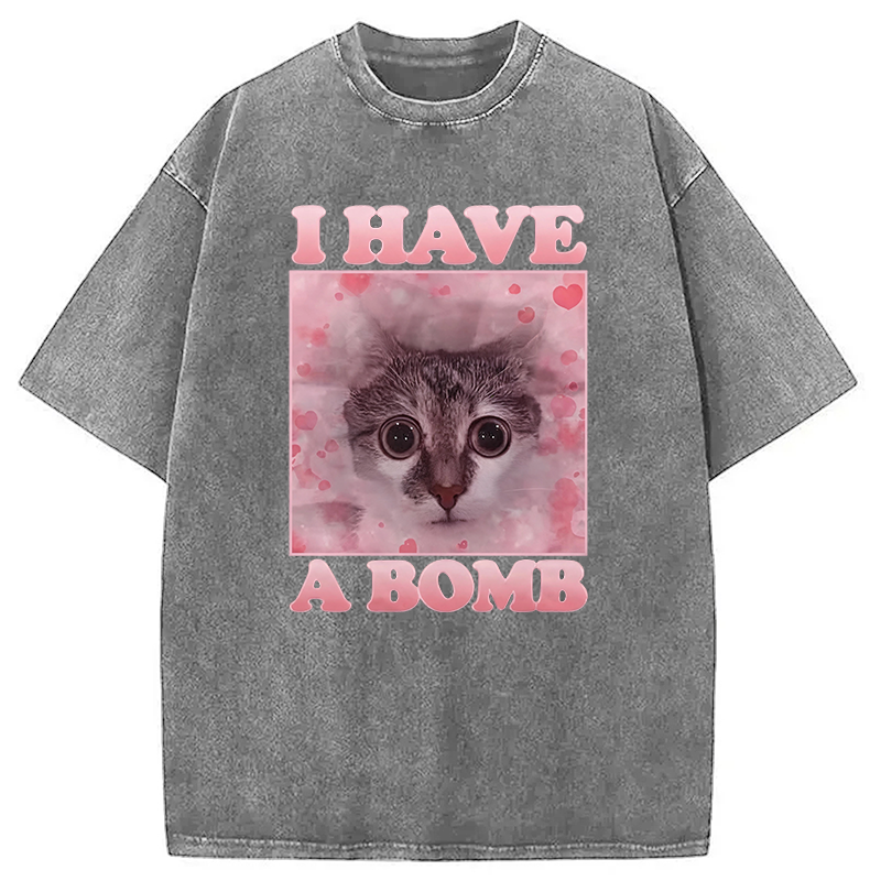 Tokyocanvas I Have a Bomb Funny Cat Dank Meme Washed T-Shirt