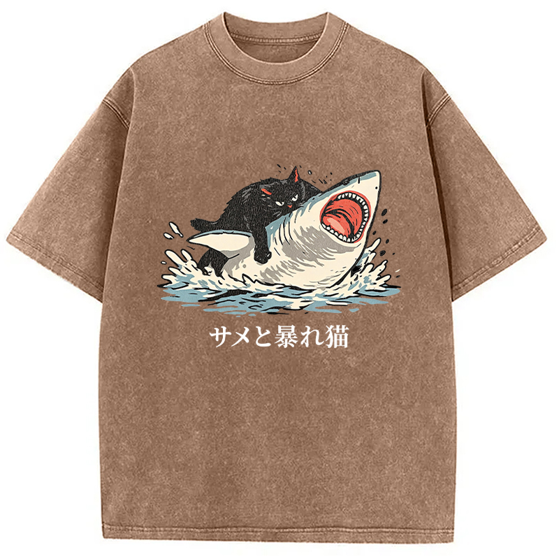 Tokyocanvas Fat Cat Vs Shark Washed T-Shirt