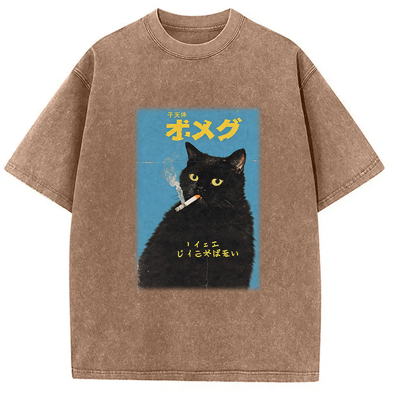 Tokyocanvas Vintage Japanese Smoking Black Cat Washed T-Shirt