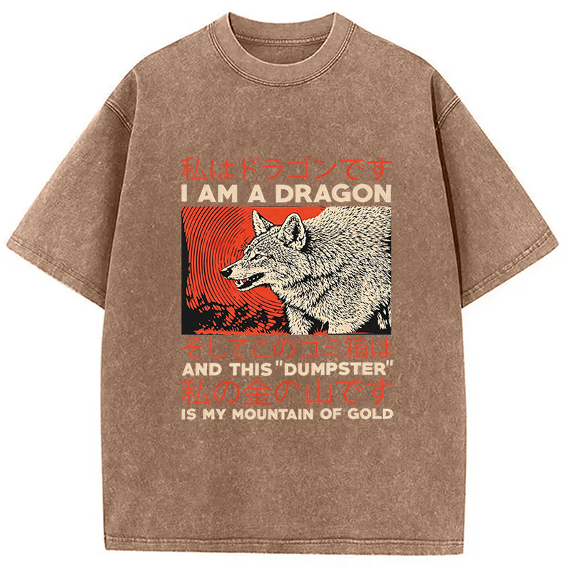 Tokyocanvas I Am A Dragon Coyote Raccoon Trash Graphic Washed T-Shirt