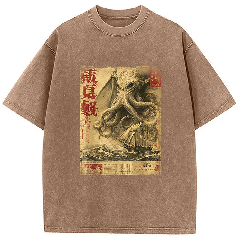 Tokyocanvas Cthulhu Kraken Vintage Japanese Sea Monster Newspaper Washed T-Shirt