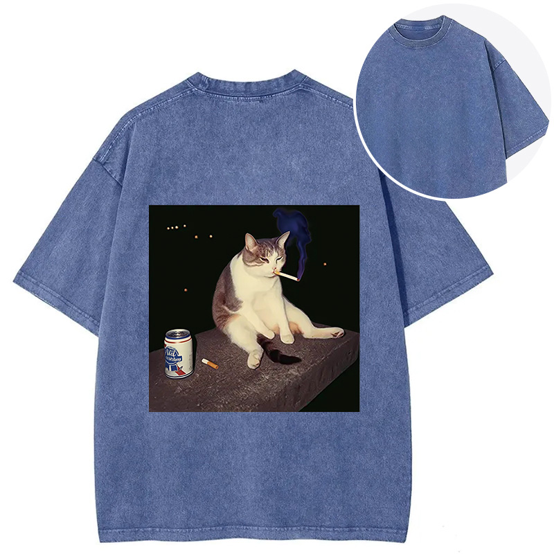 Tokyocanvas Cigarette Kitten Funny Smoking Cat Meme Back Washed T-Shirt