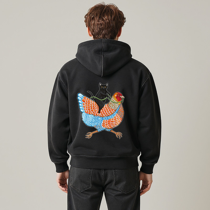 Tokyocanvas Black Cat On a Wyandotte Chicken Washed Zip Hoodie