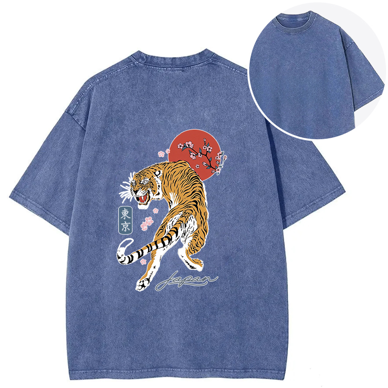 Tokyocanvas Tiger Blossom Japanese Sakura Back Washed T-Shirt