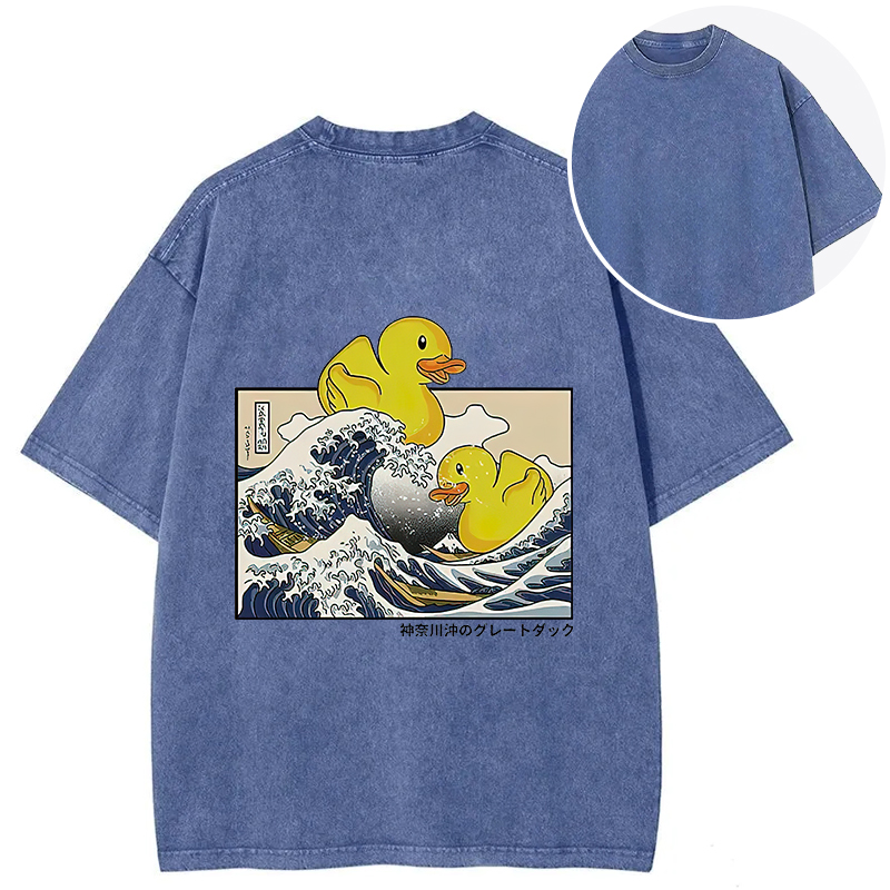 Tokyocanvas Ukiyoe Waves And Cute Yellow Duck Back Washed T-Shirt