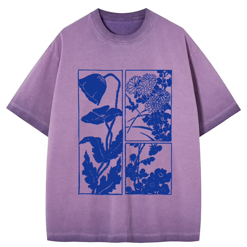 Tokyocanvas Woodcut Flowers Gradient Washed T-Shirt