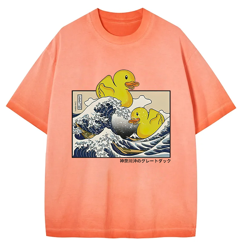 Tokyocanvas Ukiyoe Waves And Cute Yellow Duck Gradient Washed T-Shirt