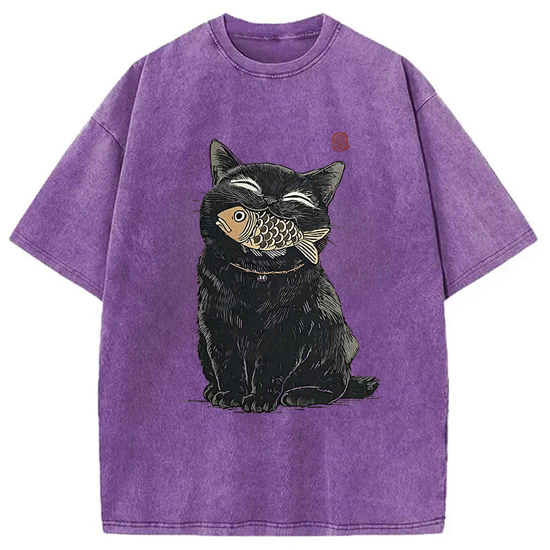 Tokyocanvas Happy Black Cat Washed T-Shirt