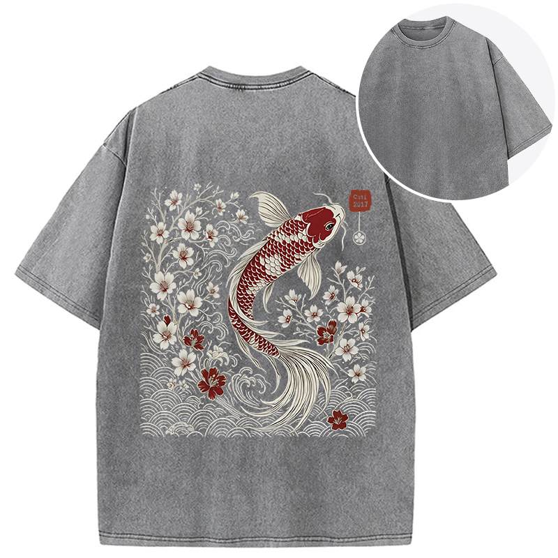 Tokyocanvas Vintage Sakura And Koi Back Washed T-Shirt