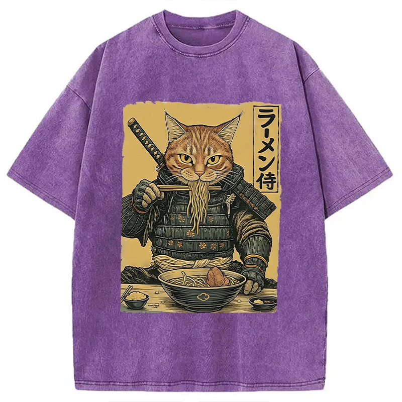Tokyocanvas Cat General Eating Ramen Washed T-Shirt