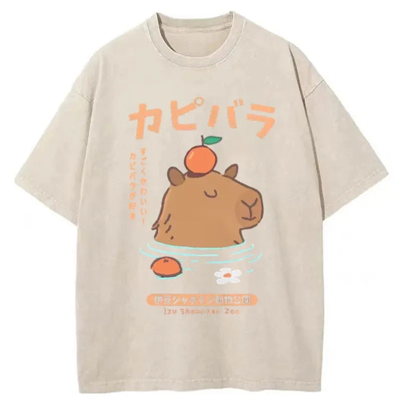 Tokyocanvas Capybara Soaking In Hot Springs Washed T-Shirt