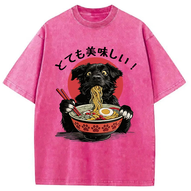Tokyocanvas Dog Eating Ramen Joyfully Washed T-Shirt