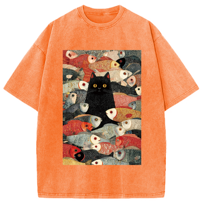 Tokyocanvas Black Cat Koi Fish Washed T-Shirt