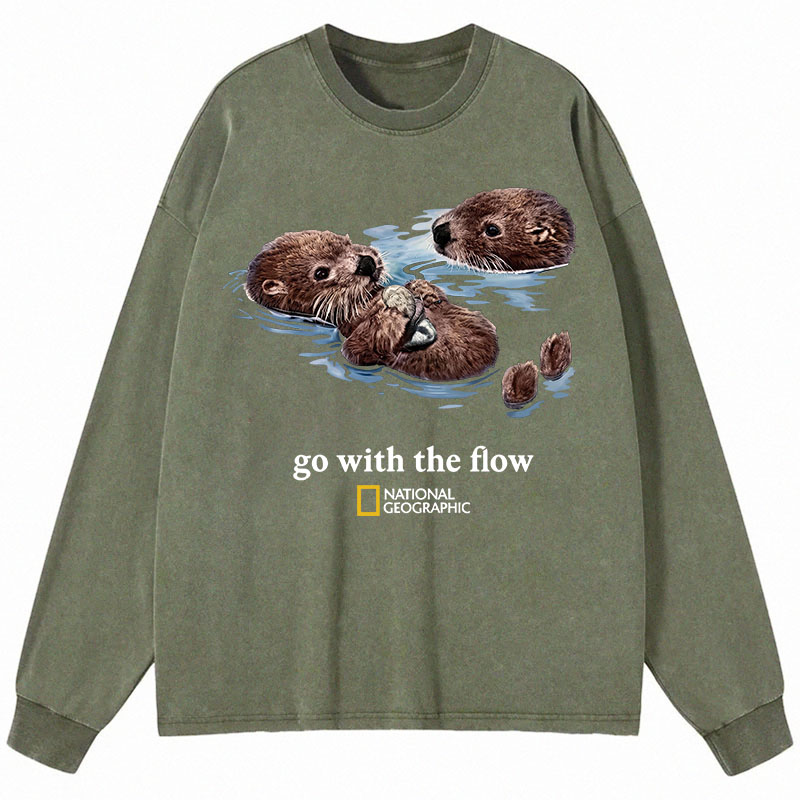 Tokyocanvas Go With The Flow Otters Long Sleeve Washed T-Shirt