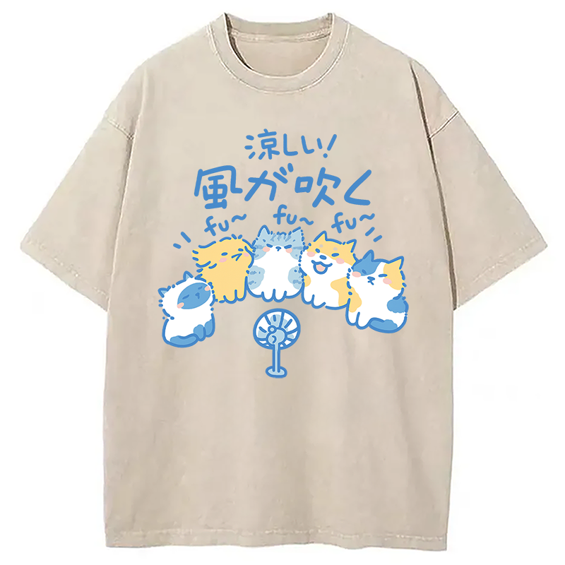 Tokyocanvas Cooling From The Heat Funny Dog And Cat Washed T-Shirt