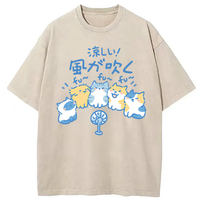 Tokyocanvas Cooling From The Heat Funny Dog And Cat Washed T-Shirt