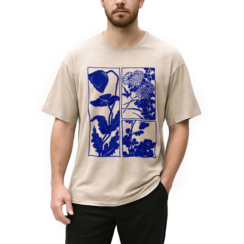 Tokyocanvas Woodcut Flowers Washed T-Shirt