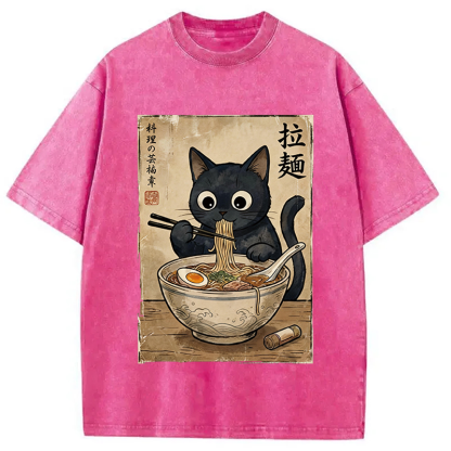 Tokyocanvas Kawaii Ramen Cat Retro Washed T-Shirt