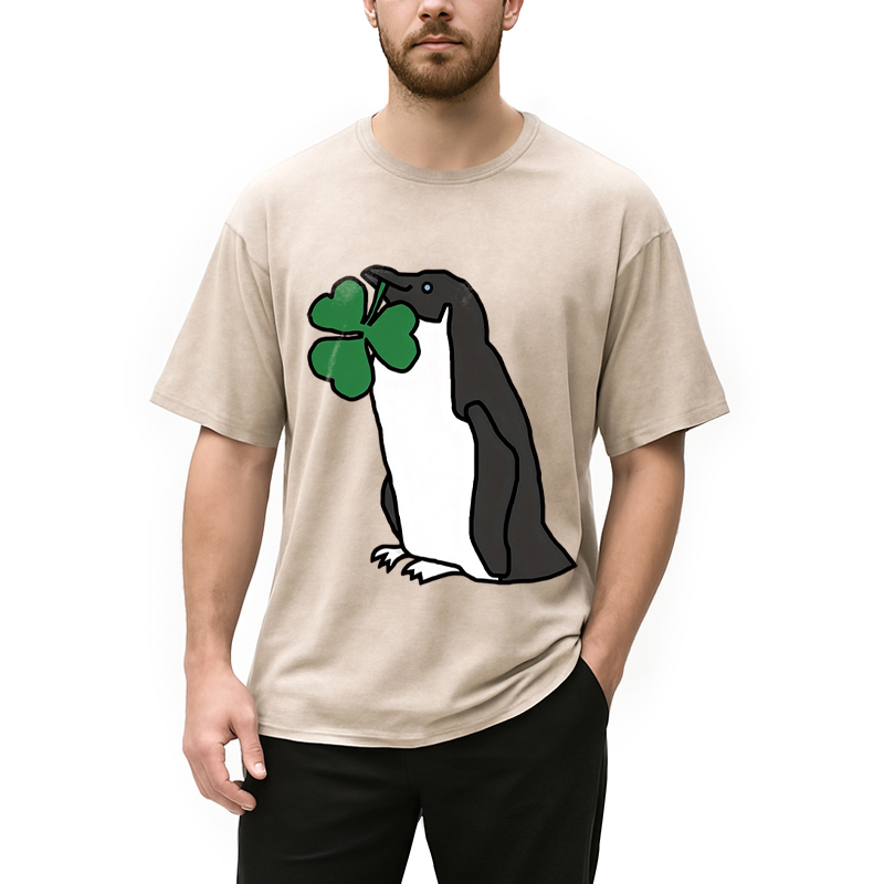 Tokyocanvas St Patricks Day Penguin Washed T-Shirt