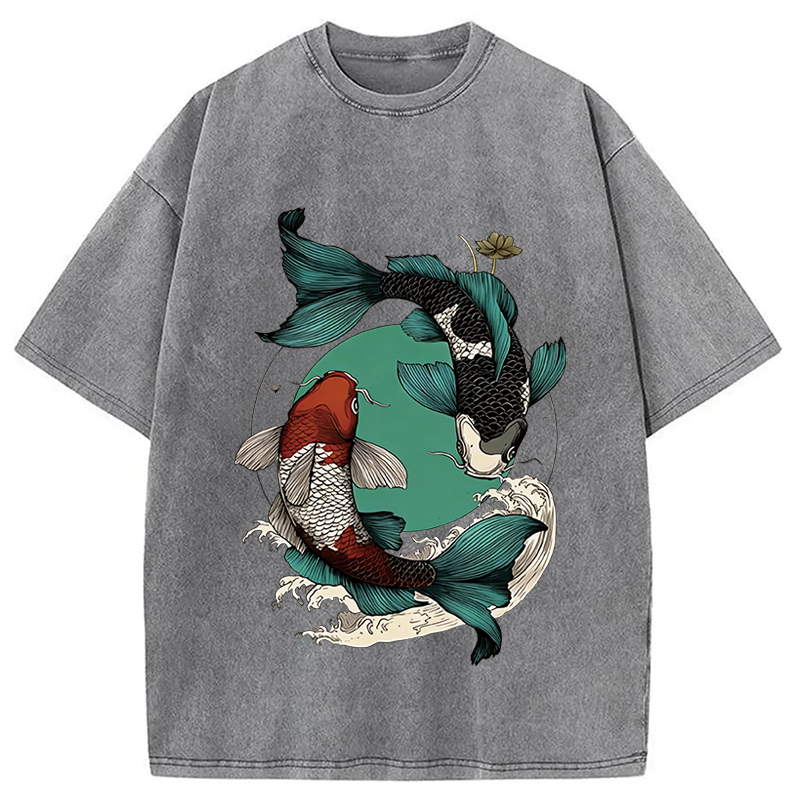 Tokyocanvas YinYang Koi Fish Zen Washed T-Shirt