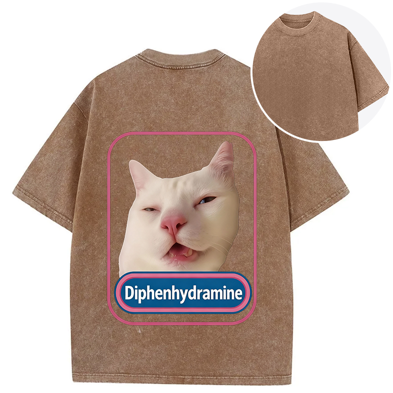 Tokyocanvas Funny Diphenhydramine Meme Cat Back Washed T-Shirt