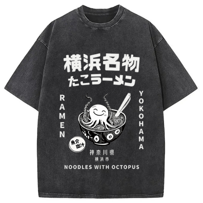 Tokyocanvas Japanese Kanji Art Octopus Ramen Washed T-Shirt