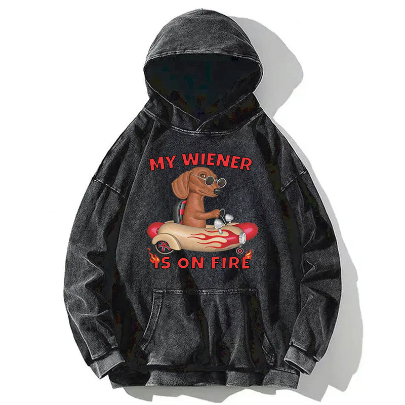 Tokyocanvas My Wiener Is On Fire Funny Dog Washed Hoodie