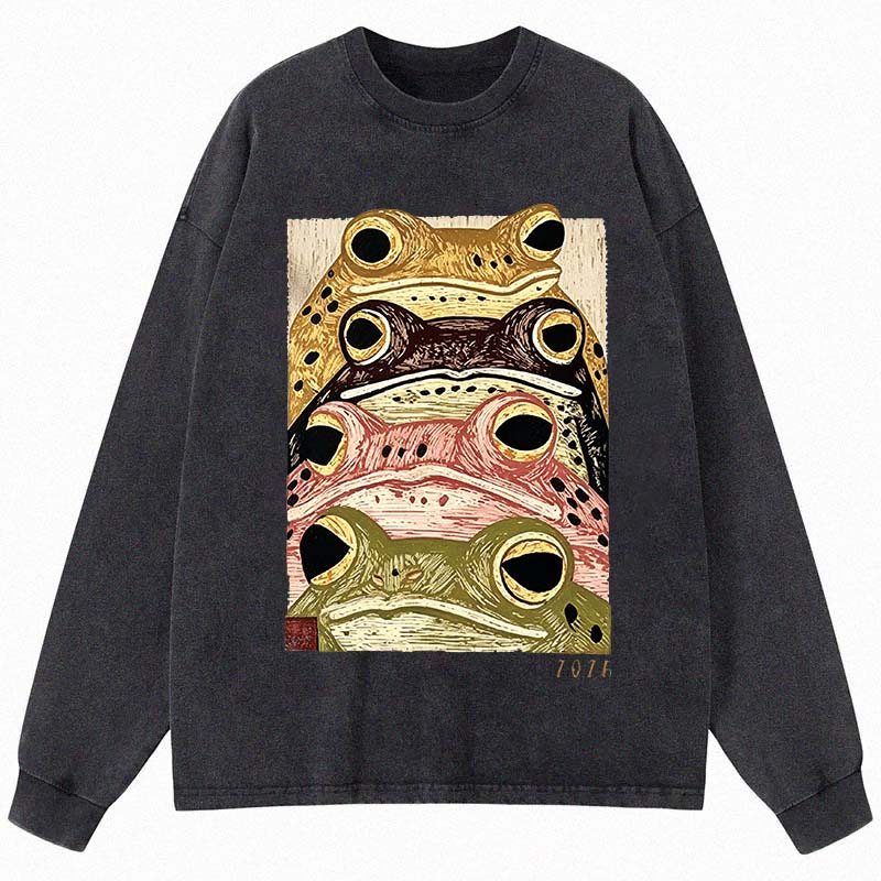 Tokyocanvas Whimsical Multi Colored Frog Art Long Sleeve Washed T-Shirt