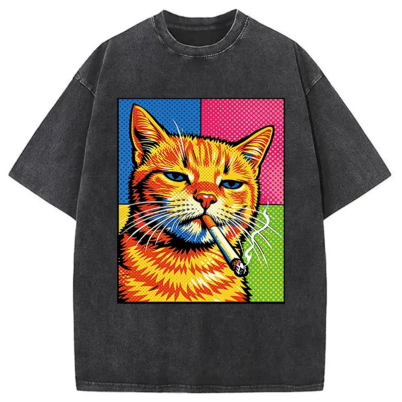 Tokyocanvas Cat Smoking Cigarette Washed T-Shirt