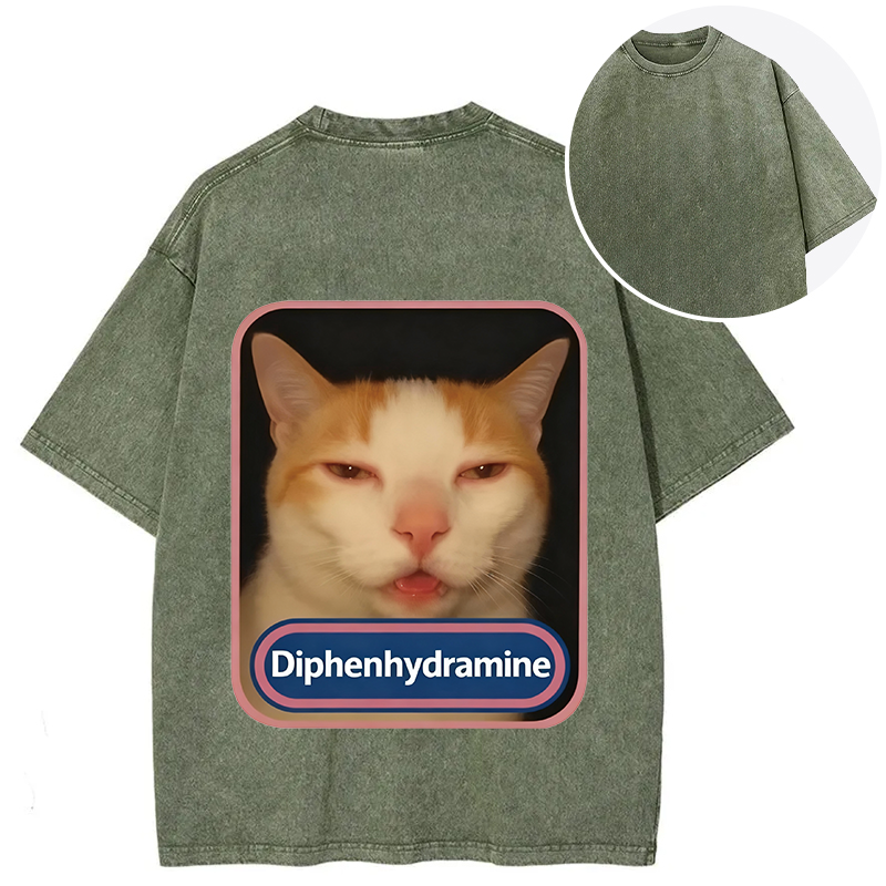 Tokyocanvas Pink Diphenhydramine Meme Cat Back Washed T-Shirt