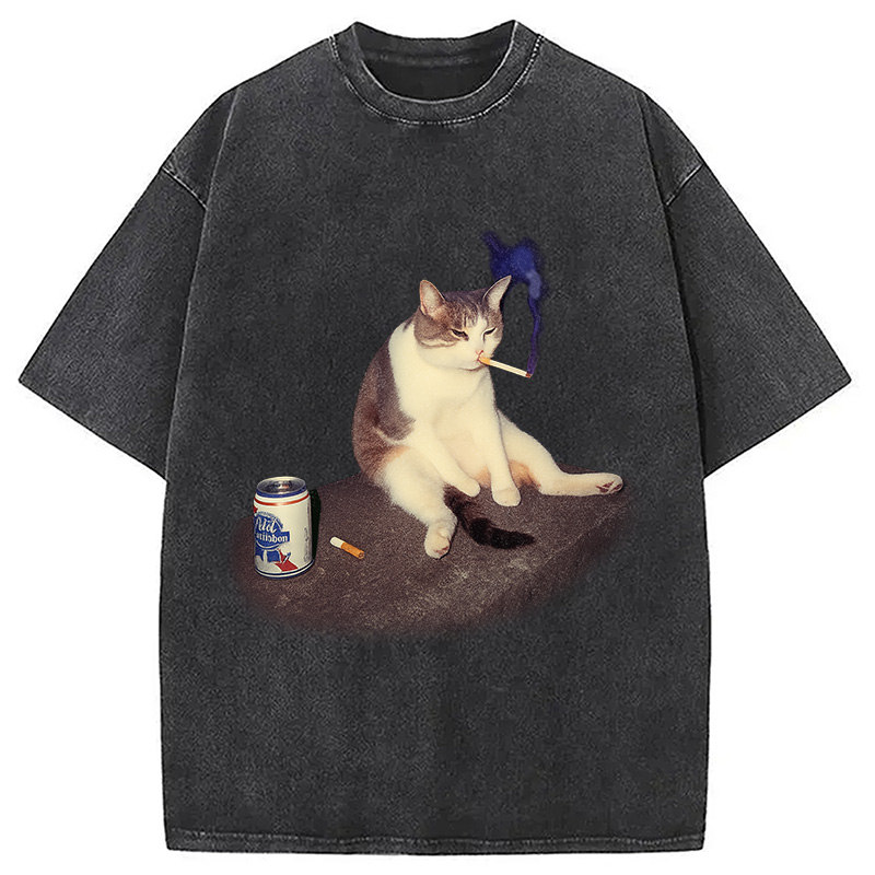 Tokyocanvas Custom Cat Smoking Meme Washed T-Shirt