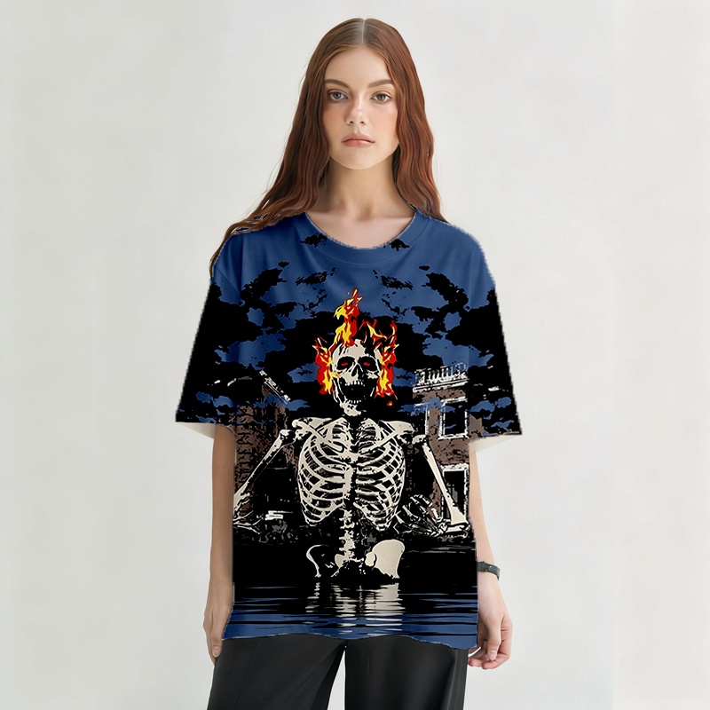 Tokyocanvas Fire Skeleton Graphic Print T-shirt