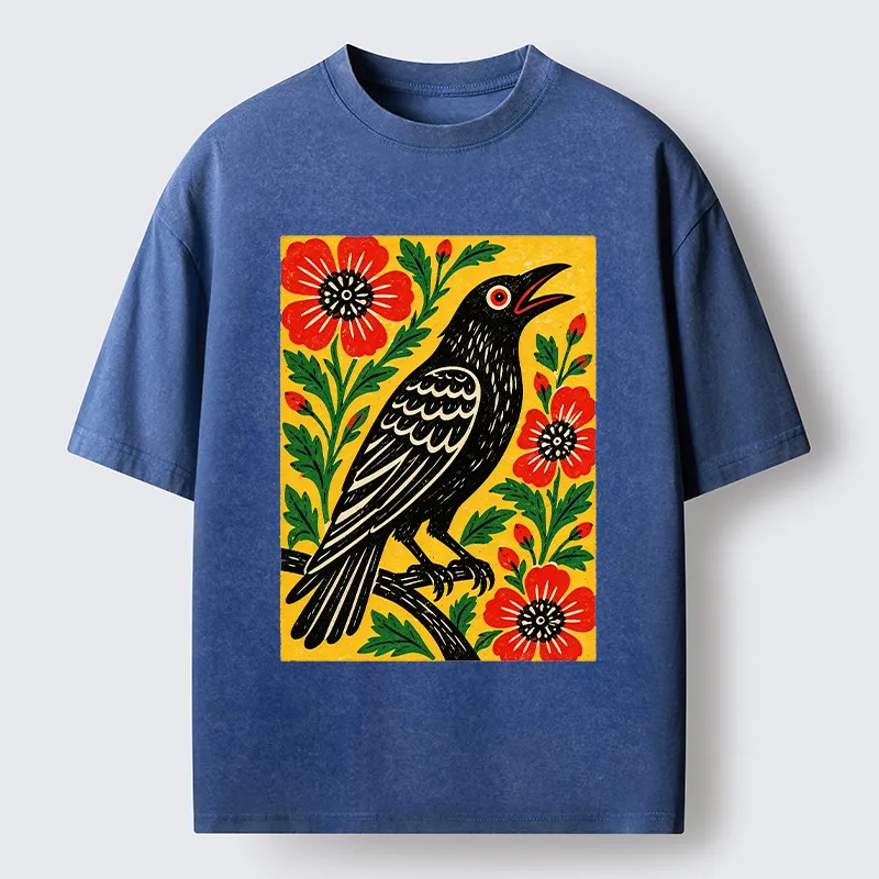 Tokyocanvas Vintage Crow Flower Folk Art Washed T-Shirt